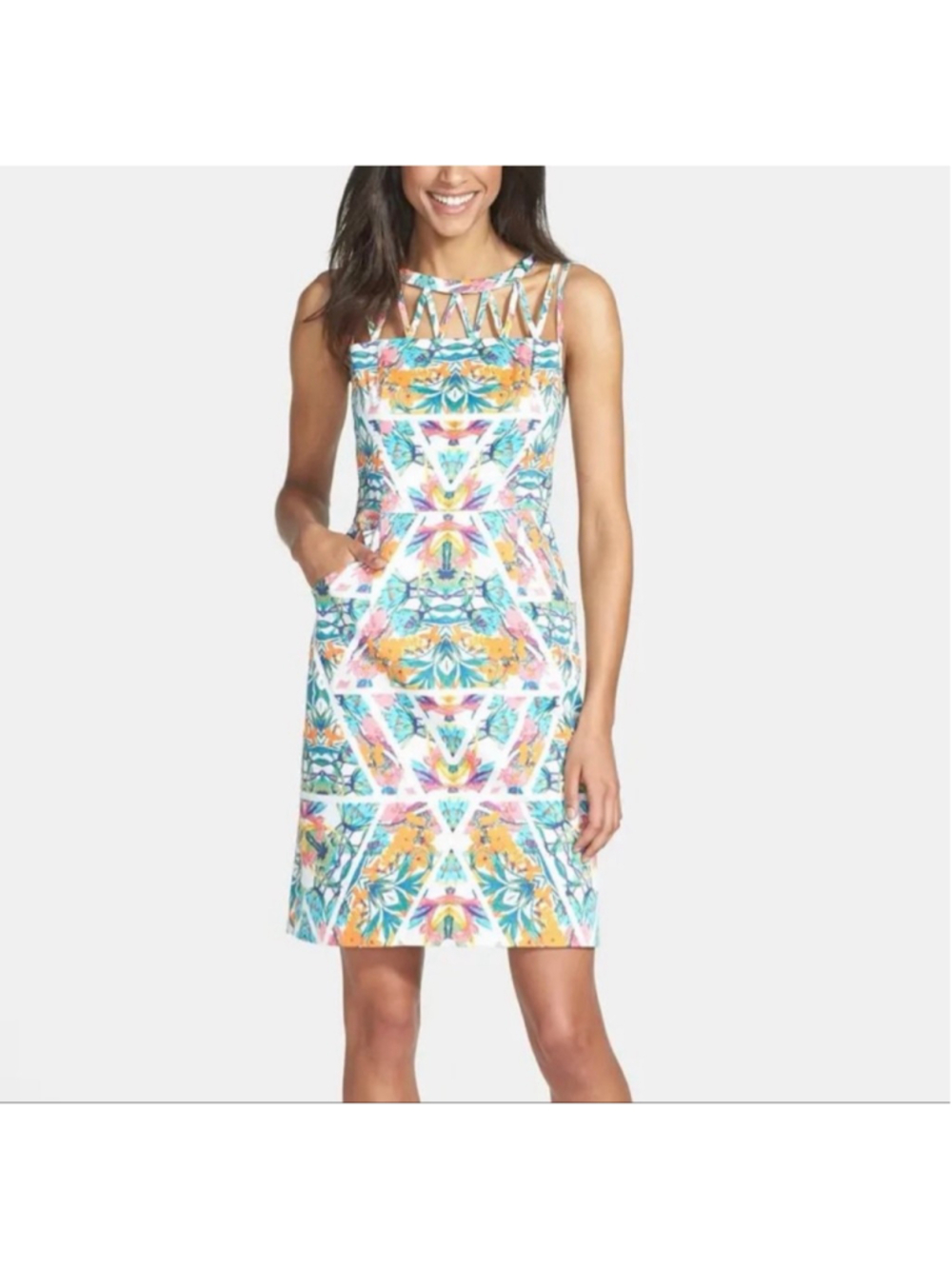 Adrianna Papell multicolor sheath dress featuring a geometric floral